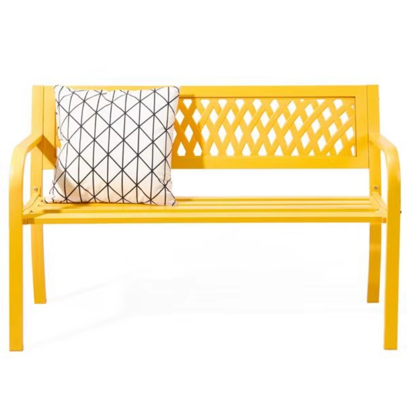Outdoor Furniture Yellow - 47インチの黄色PVCメッシュバック付き錬鉄製パティオ用屋外ベンチ