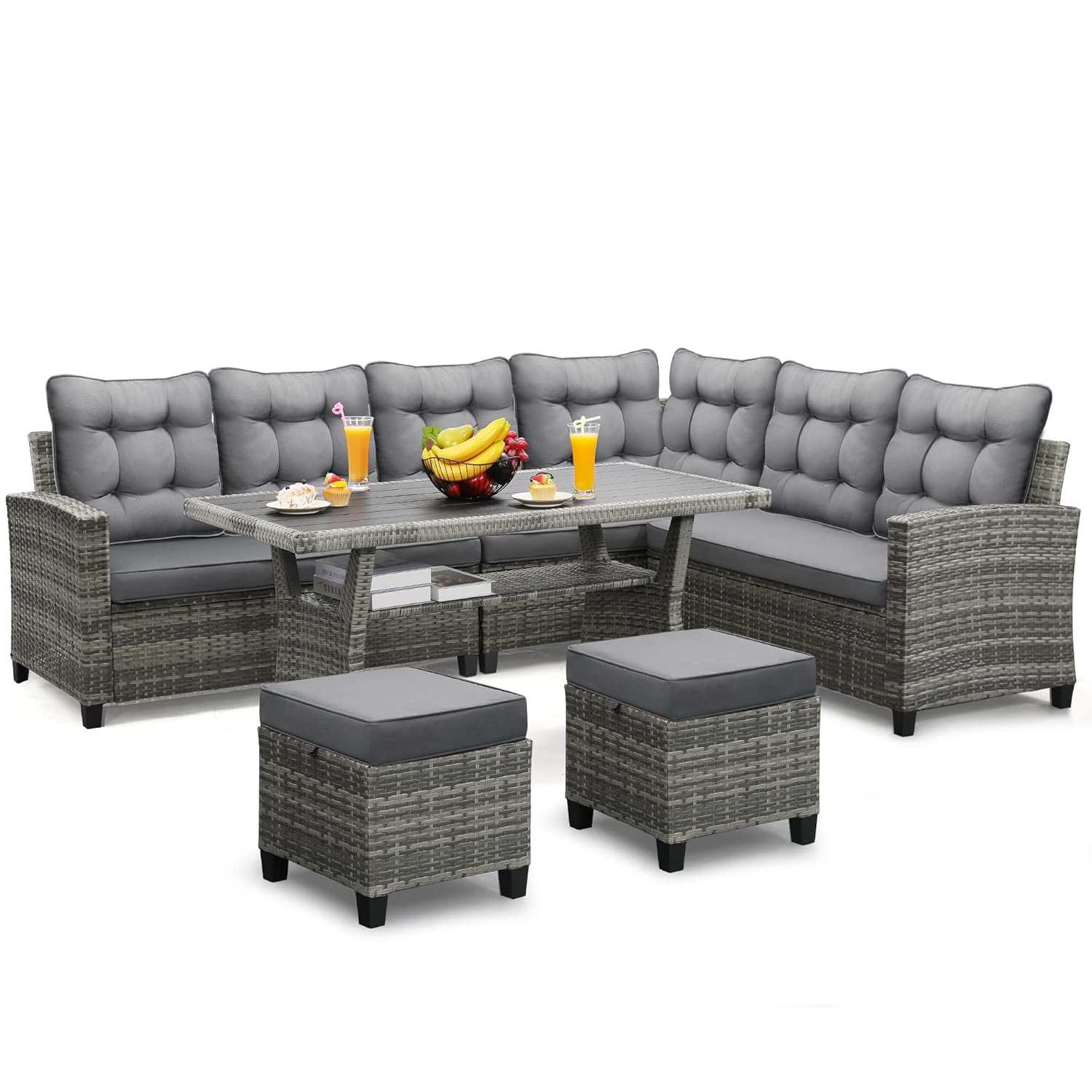 Outdoor Furniture Grey - 6点パティオ家具セット、ダイニングと会話用セット、グレー | UV加工済み籐製、洗濯機で洗えるクッション、7人掛け、カスタムメイド