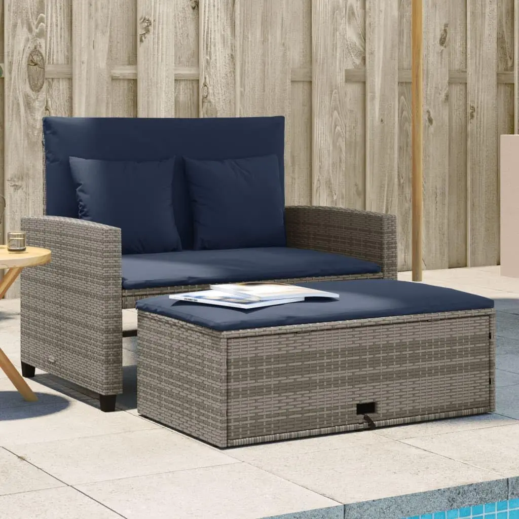 Outdoor Furniture Grey - グレーとネイビーブルーのPEラタン製コンバーチブルガーデンソファ、パウダーコーティングされたスチールフレーム、収納付き2人掛け屋外パティオ家具