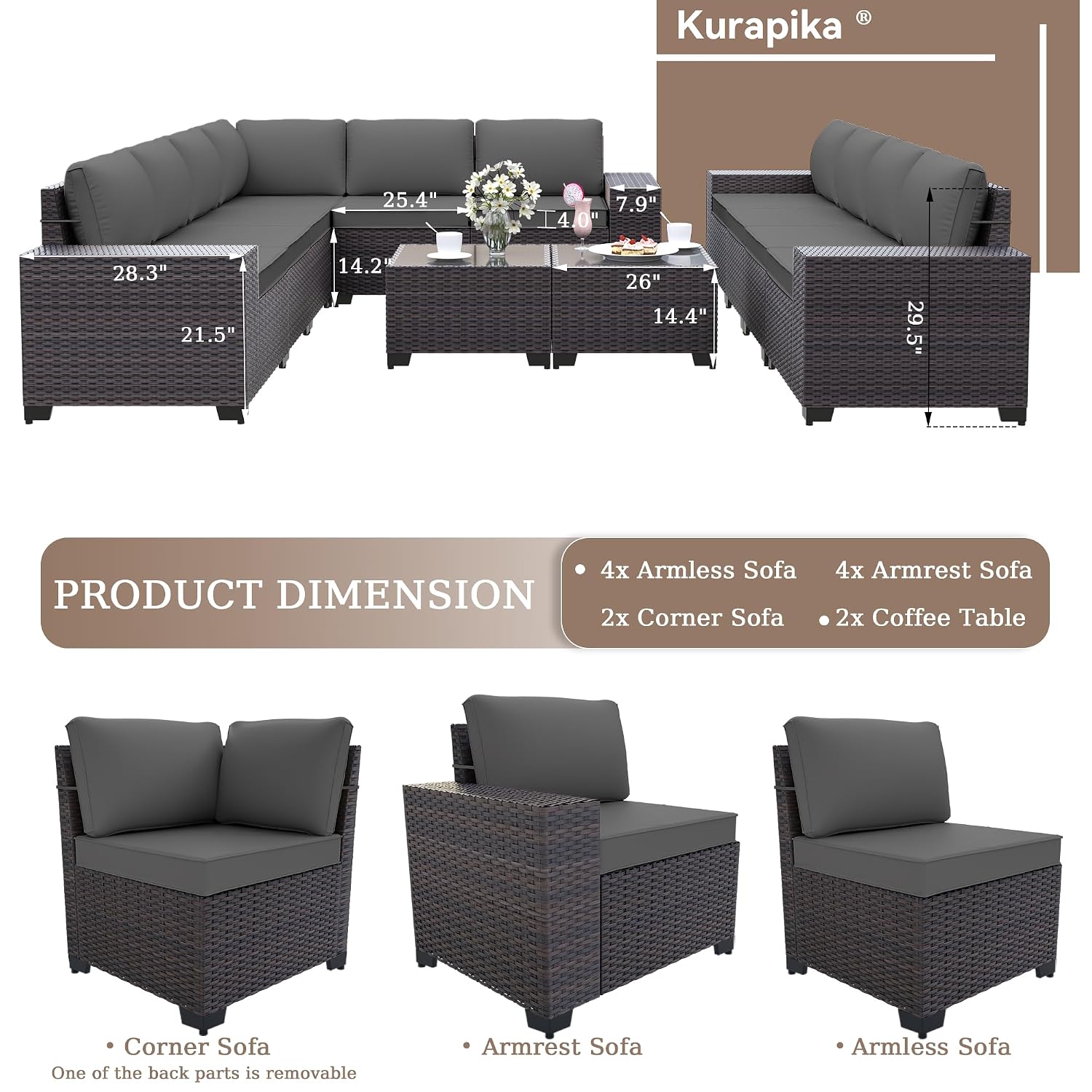 Outdoor Furniture Grey - ラタン製パティオ家具ソファセット、4インチクッション、ガラス製コーヒーテーブル、屋外用会話セット、12点、グレー、カスタマイズ可能