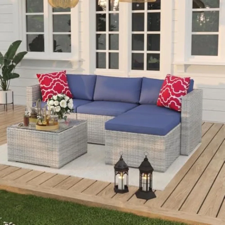 Outdoor Furniture Grey - デッキ、裏庭、芝生用の5点セットの籐製パティオ家具：グレーの籐と青いクッション、全天候型屋外用セクショナルソファR