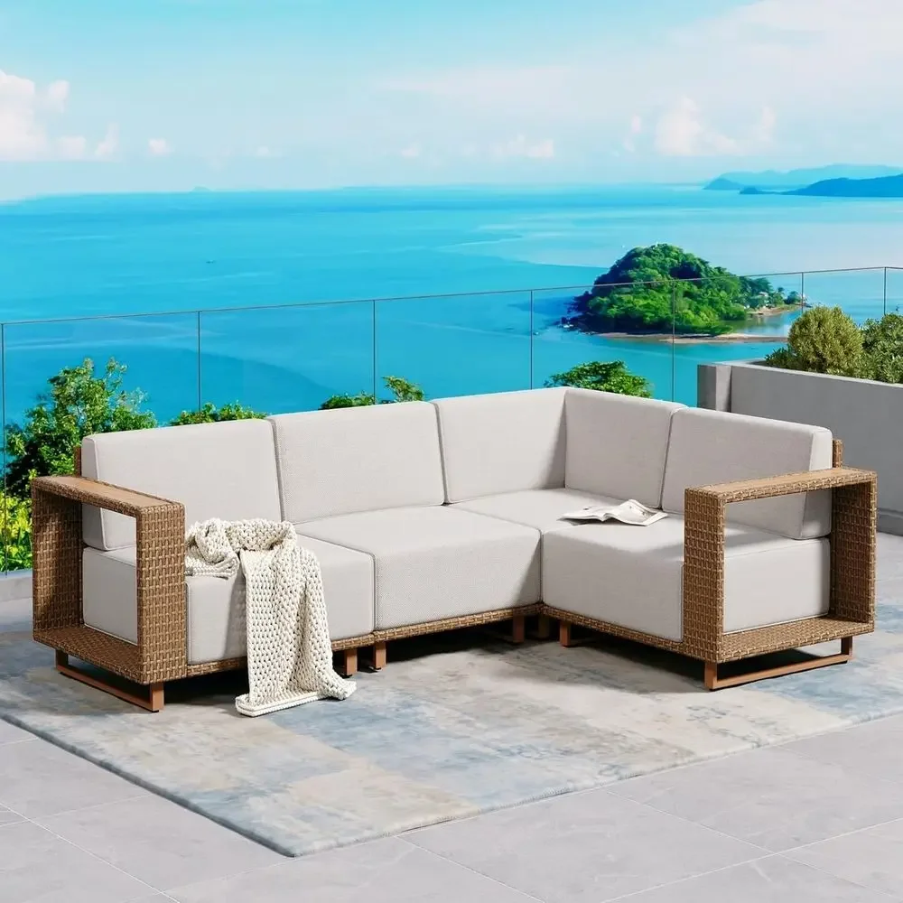 Outdoor Furniture Yellow - L字型屋外用セクショナルソファ、厚いクッション付き、黄色の籐製パティオ家具セット（芝生と庭用）