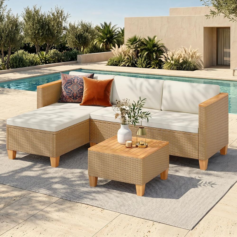 Outdoor Furniture Yellow - 3ピース籐製屋外セクショナルセット、黄色の籐製パティオ家具、ソファとコーヒーテーブル付き、庭や裏庭に最適、L