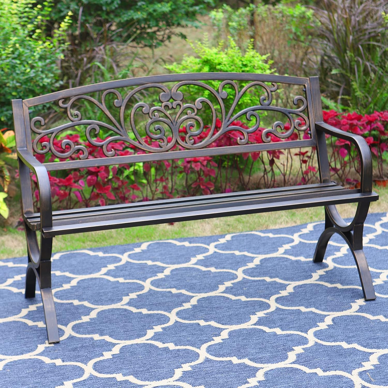 Outdoor Furniture Iron - ブロンズ製50インチ屋外ガーデンベンチ、耐候性鋳鉄製メタルベンチ、花柄デザイン、防錆パティオパークシーティング家具、玄関ポーチ、庭、芝生、デッキ用アクセントチェア