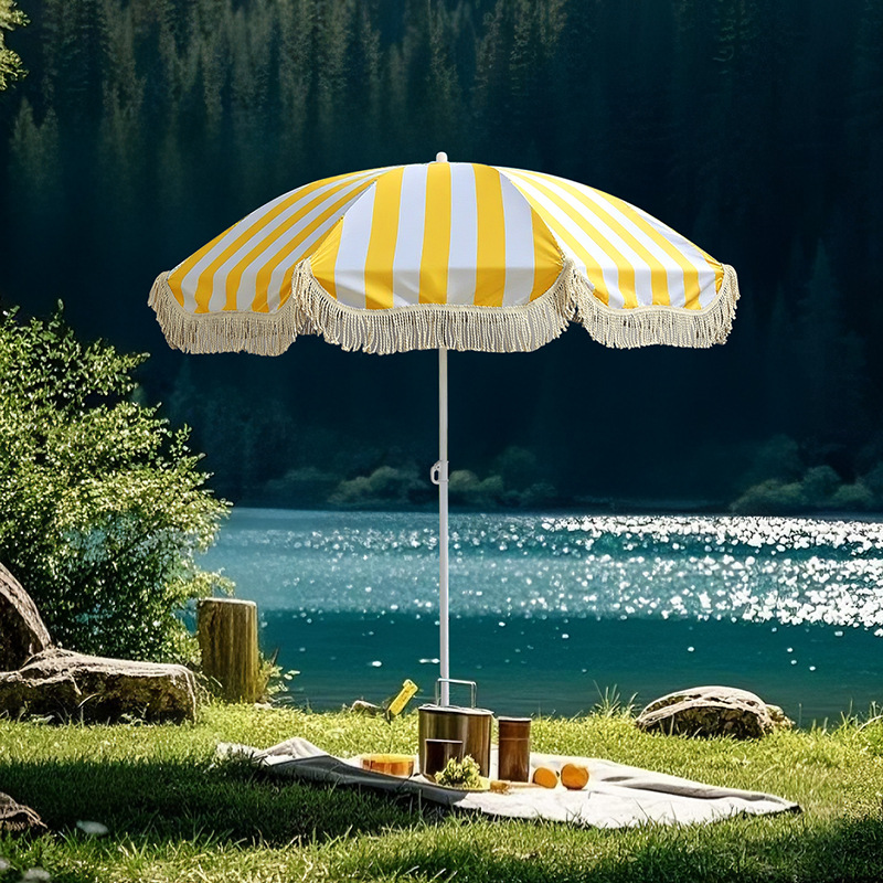 Outdoor Furniture Yellow - 1ピース装飾タッセル付きビーチパラソル、黄白ストライプの日よけ、屋外パティオガーデンバルコニー用日差し対策傘