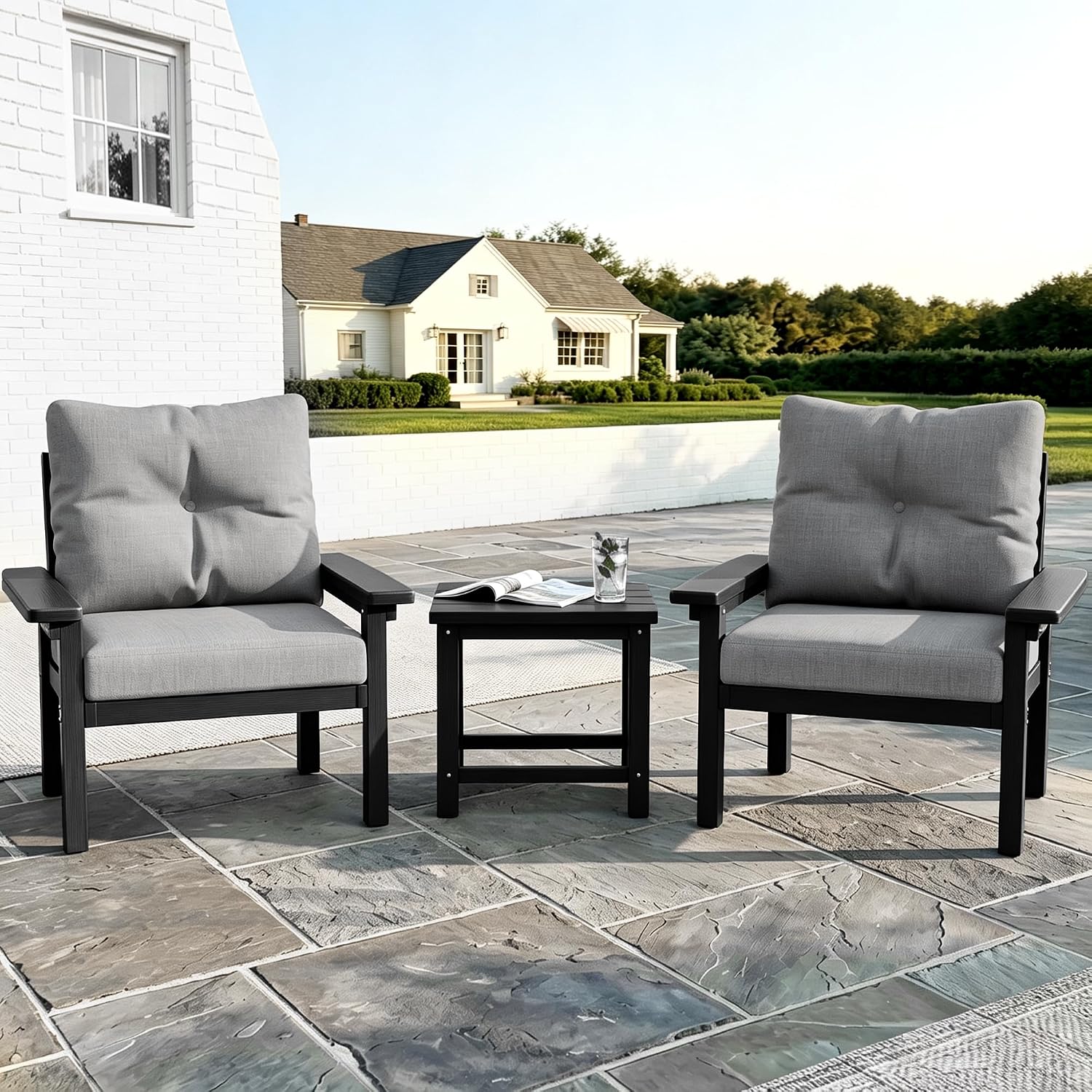 Outdoor Furniture Grey - 屋外用家具セット（サイドテーブル付き、黒いフレームとグレーのクッション、カスタマイズ可能）