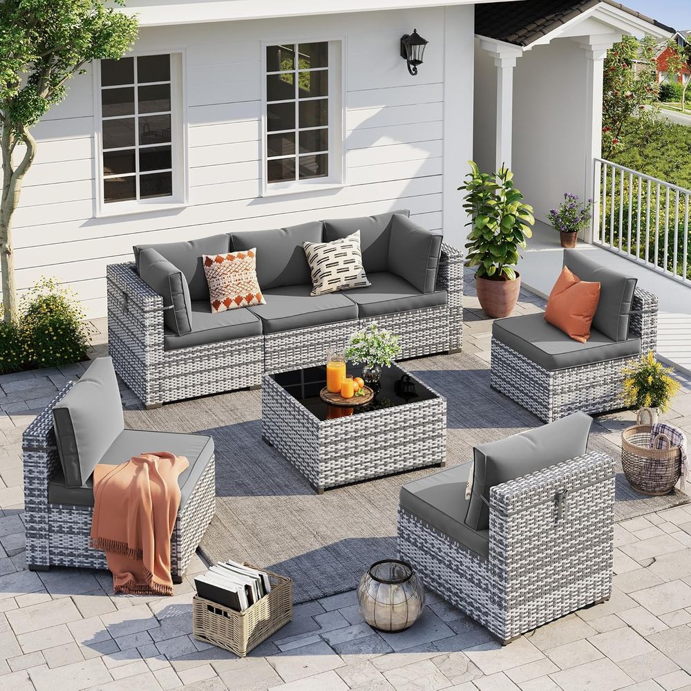 Outdoor Furniture Grey - 7ピースPE籐製セクショナルソファセット、ティーテーブル付き、庭や裏庭用の防水屋外パティオ家具（グレーのクッション）