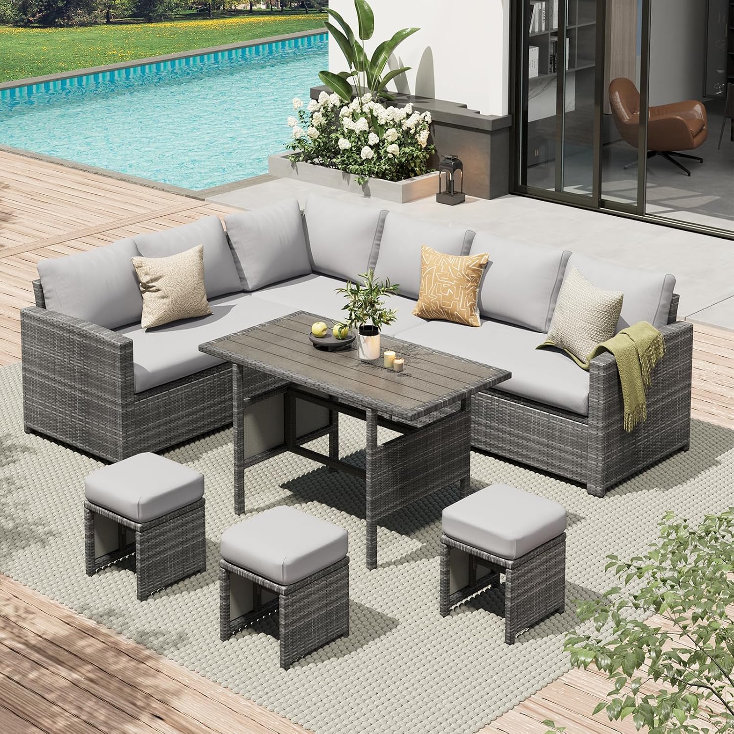 Outdoor Furniture Grey - 7点セットの屋外用籐製パティオセクショナルソファダイニングセット、オットマン付き、全天候型ラタン製ライトグレークッション、カスタマイズ可能