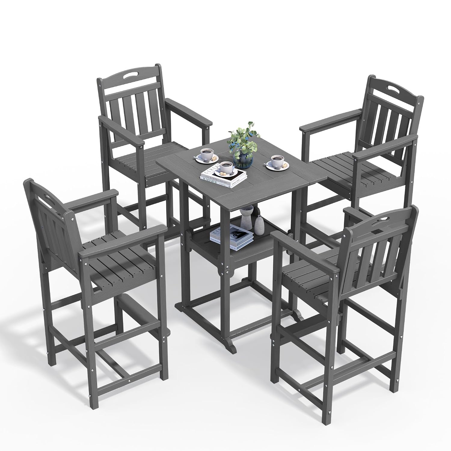Outdoor Furniture Grey - 屋外バーテーブルセット（収納付き）とアディロンダックチェア4脚、裏庭デッキ用頑丈なパティオ家具、ダークグレー、カスタマイズ可能