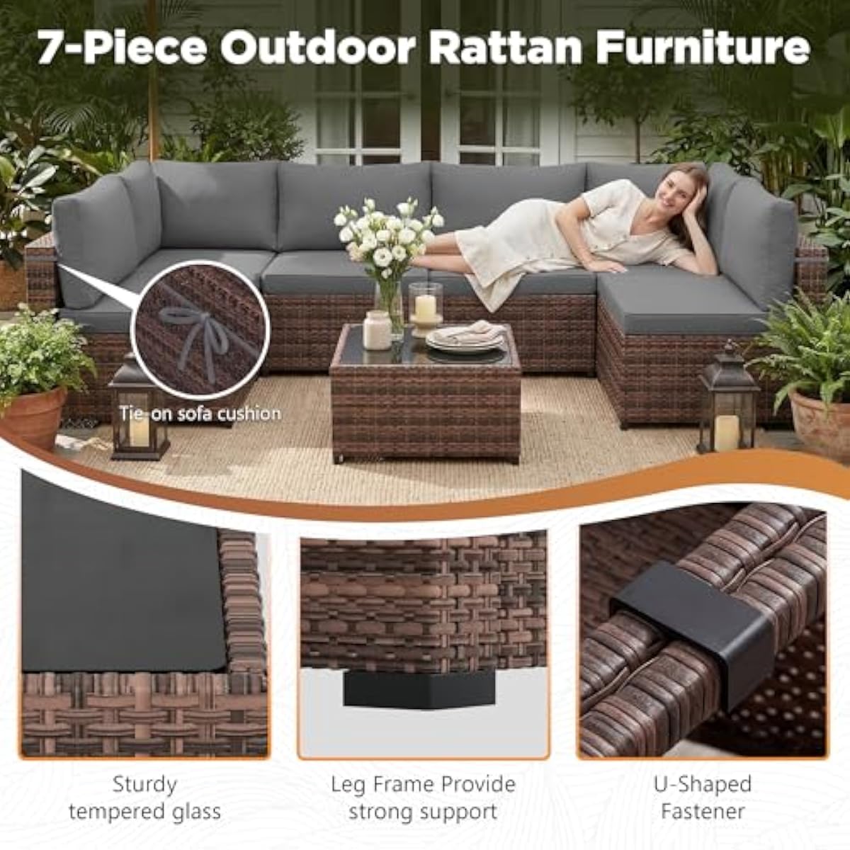 耐候性に優れた7点セットのラタン製パティオ家具。モジュール式 - Outdoor Furniture Grey のレビューと価格