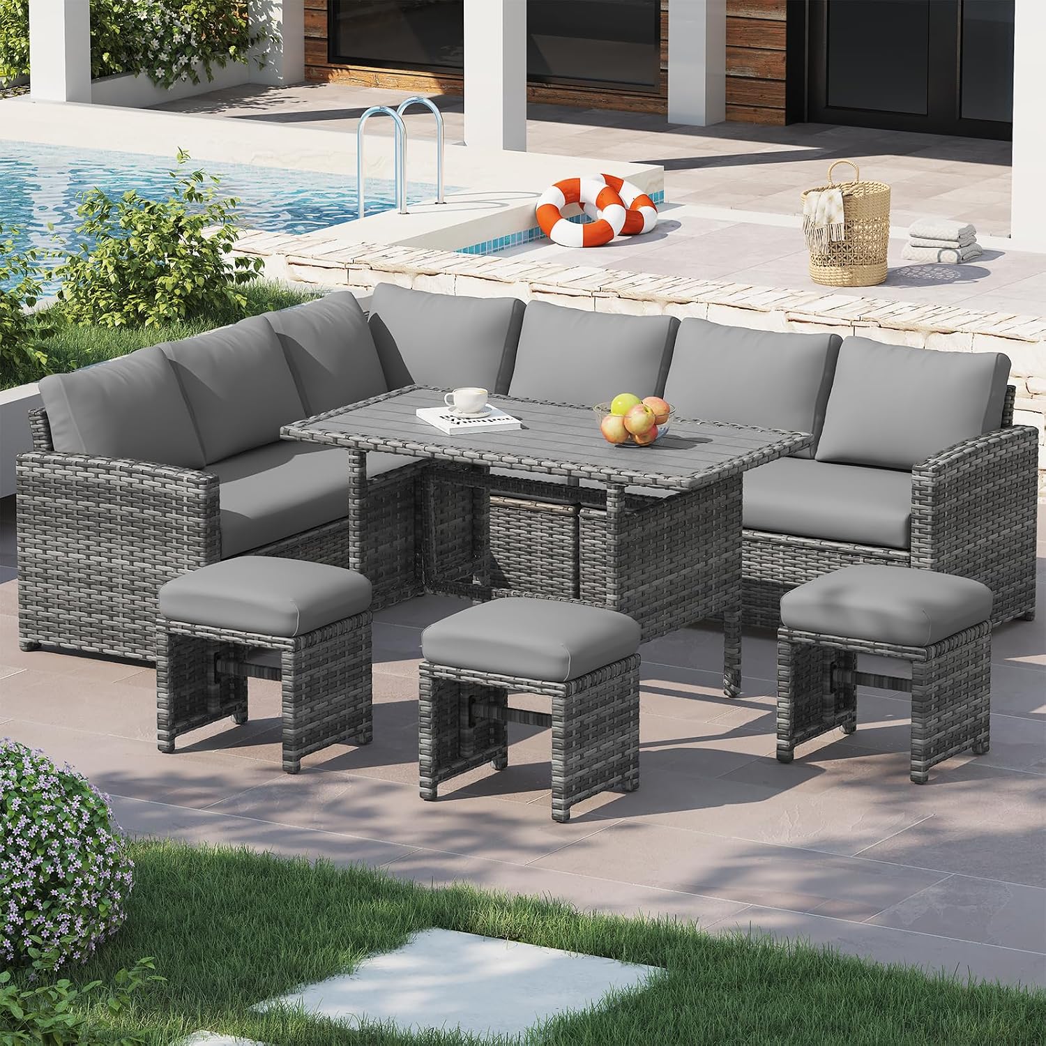 7ピース屋外用籐製セクショナルソファ、全天候型ラタン製ダイニ - Outdoor Furniture Grey のレビューと価格
