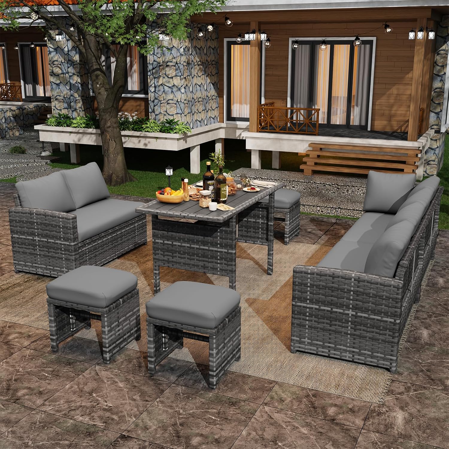 7ピース屋外用籐製セクショナルソファ、全天候型ラタン製ダイニ - Outdoor Furniture Grey のレビューと価格