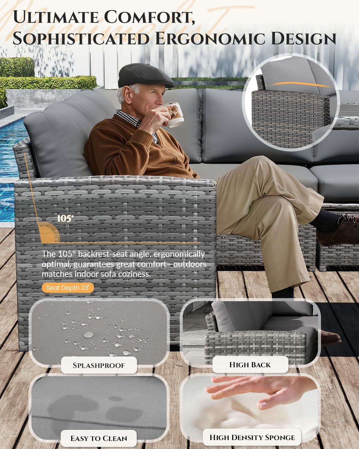 7ピース屋外用籐製セクショナルソファ、全天候型ラタン製ダイニ - Outdoor Furniture Grey のレビューと価格