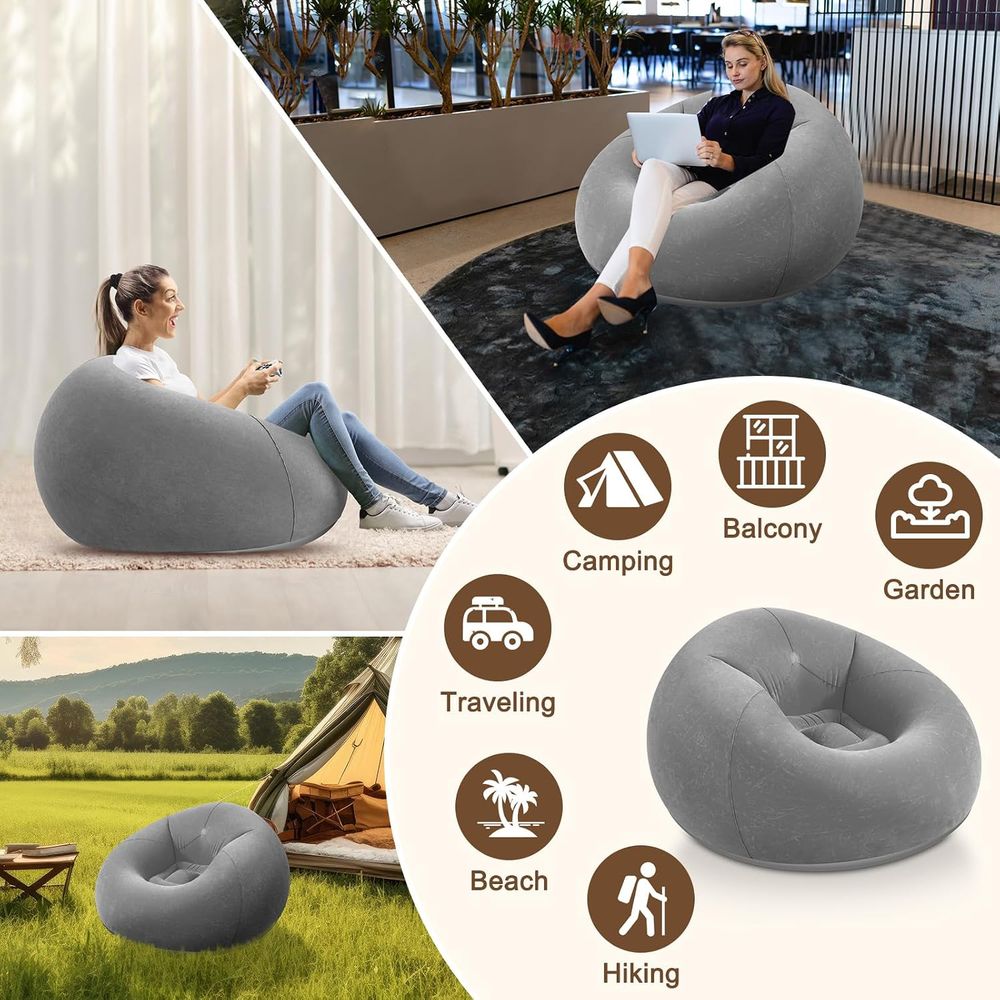 空気注入式ビーンバッグチェア、グレーのポータブルレイジーソフ - Outdoor Furniture Grey のレビューと価格