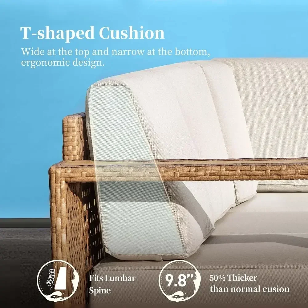 L字型屋外用セクショナルソファ、厚いクッション付き、黄色の籐 - Outdoor Furniture Yellow のレビューと価格