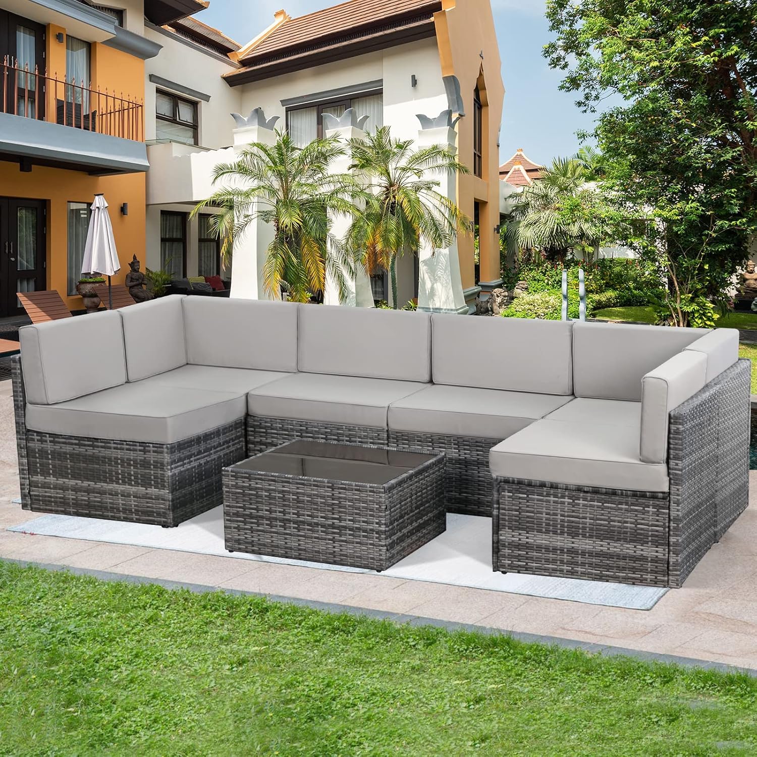 屋外パティオ用ウィッカー製セクショナルソファセット（クッショ - Outdoor Furniture Grey のレビューと価格