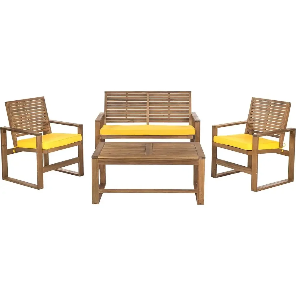 ブラウンとイエローの4点セットアカシア製屋外パティオ家具セッ - Outdoor Furniture Yellow のレビューと価格