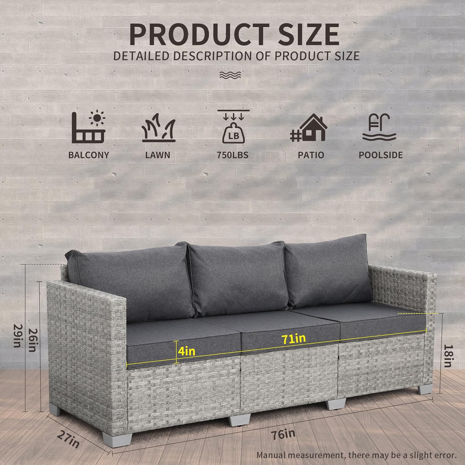 屋外用3人掛けウィッカー製パティオソファ、グレーのラタン素材 - Outdoor Furniture Grey のレビューと価格