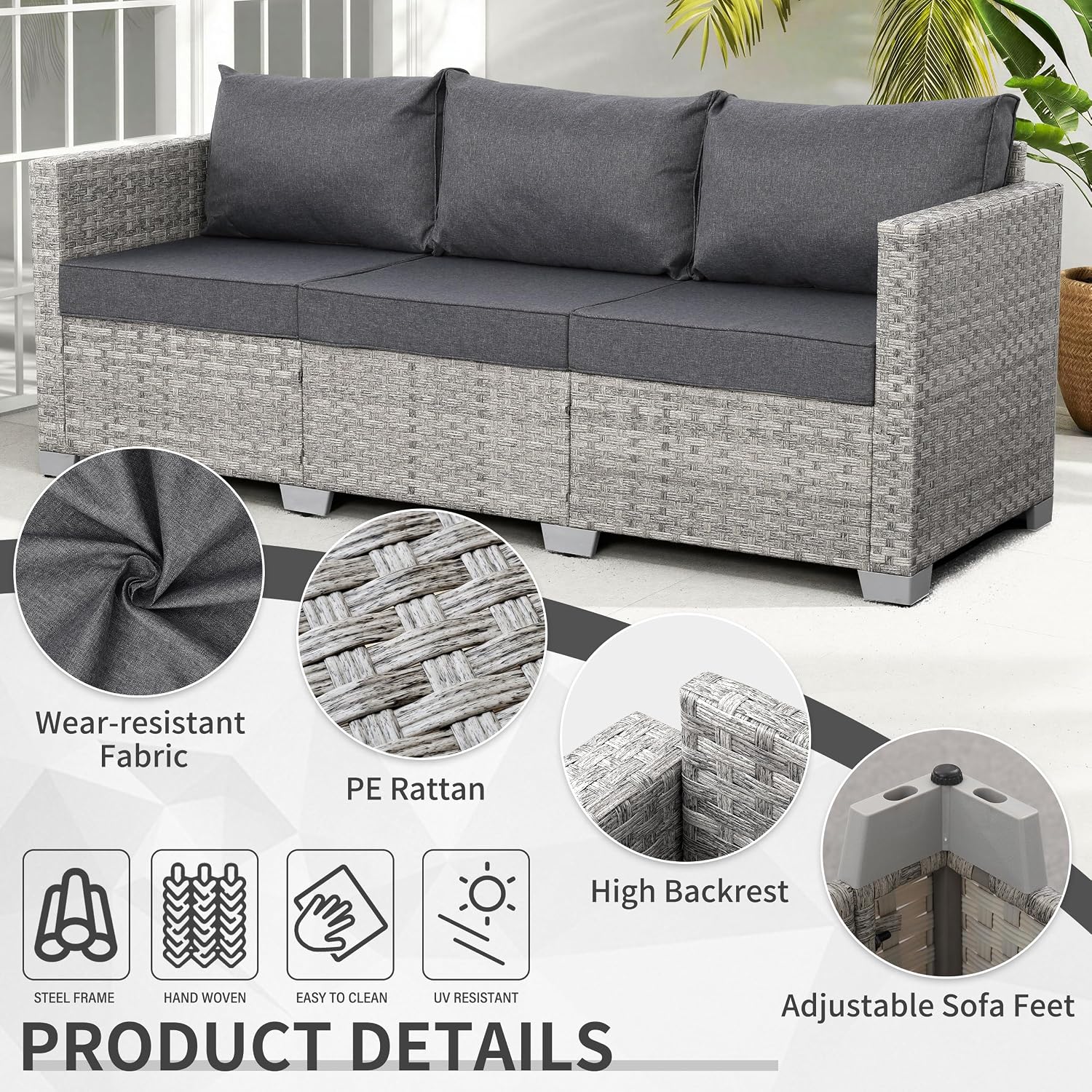 屋外用3人掛けウィッカー製パティオソファ、グレーのラタン素材 - Outdoor Furniture Grey のレビューと価格