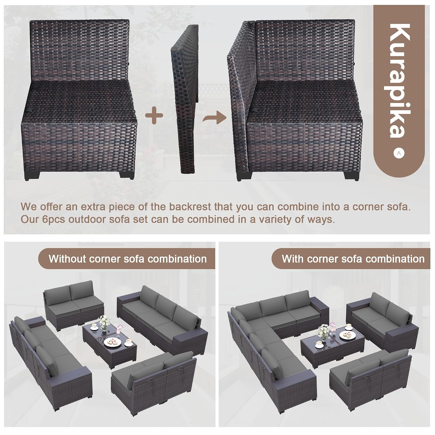 ラタン製パティオ家具ソファセット、4インチクッション、ガラス - Outdoor Furniture Grey のレビューと価格