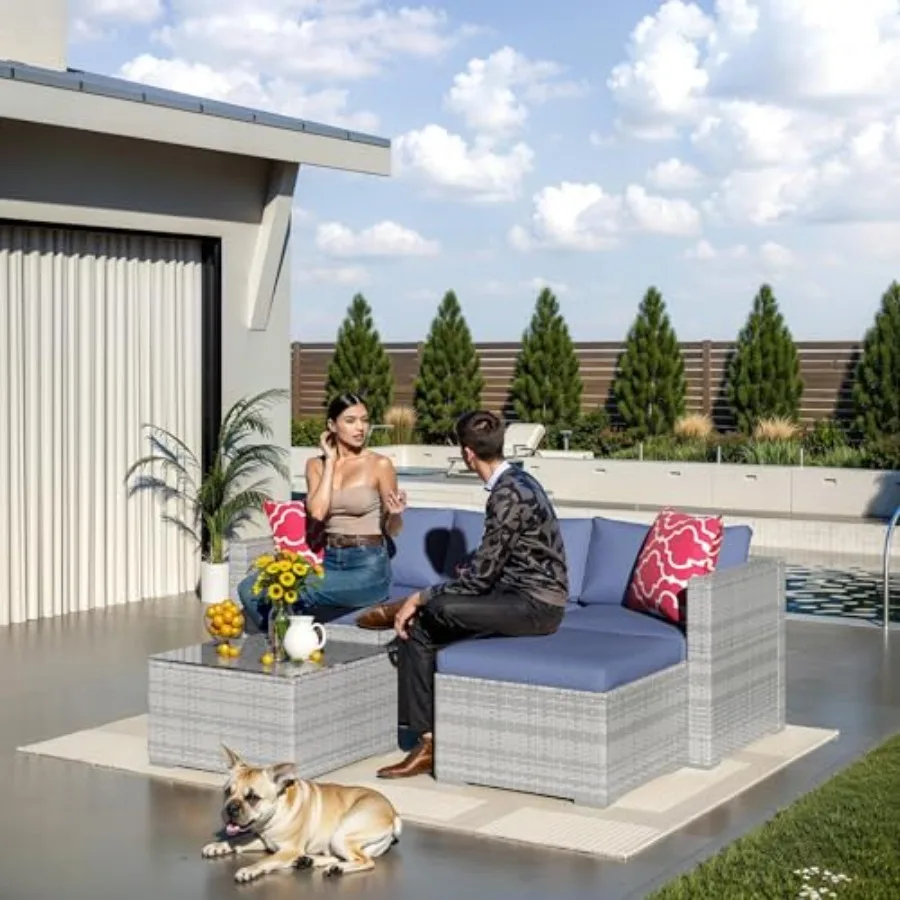 デッキ、裏庭、芝生用の5点セットの籐製パティオ家具：グレーの - Outdoor Furniture Grey のレビューと価格