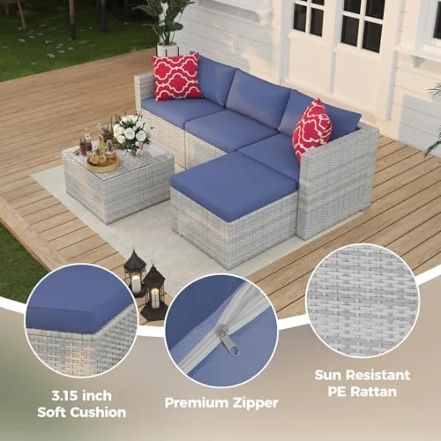 デッキ、裏庭、芝生用の5点セットの籐製パティオ家具：グレーの - Outdoor Furniture Grey のレビューと価格