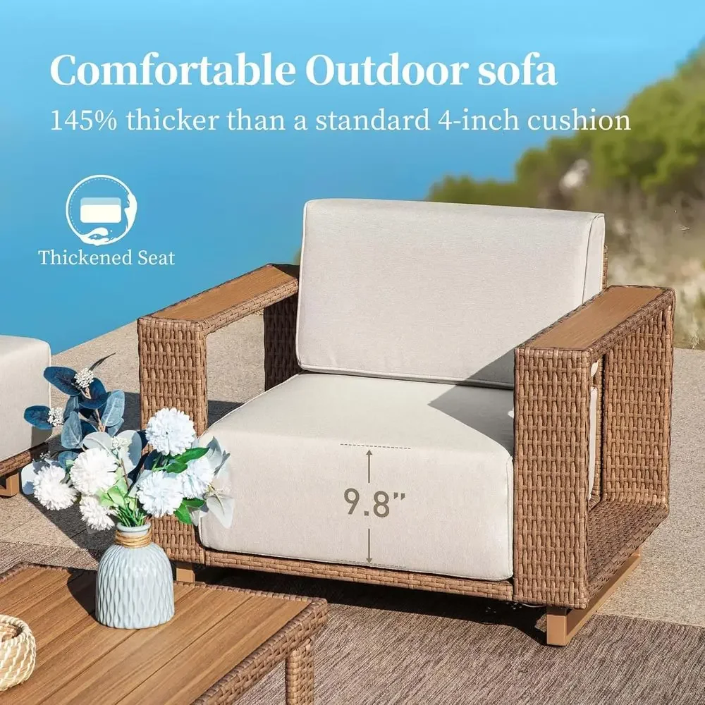 L字型屋外用セクショナルソファ、厚いクッション付き、黄色の籐 - Outdoor Furniture Yellow のレビューと価格