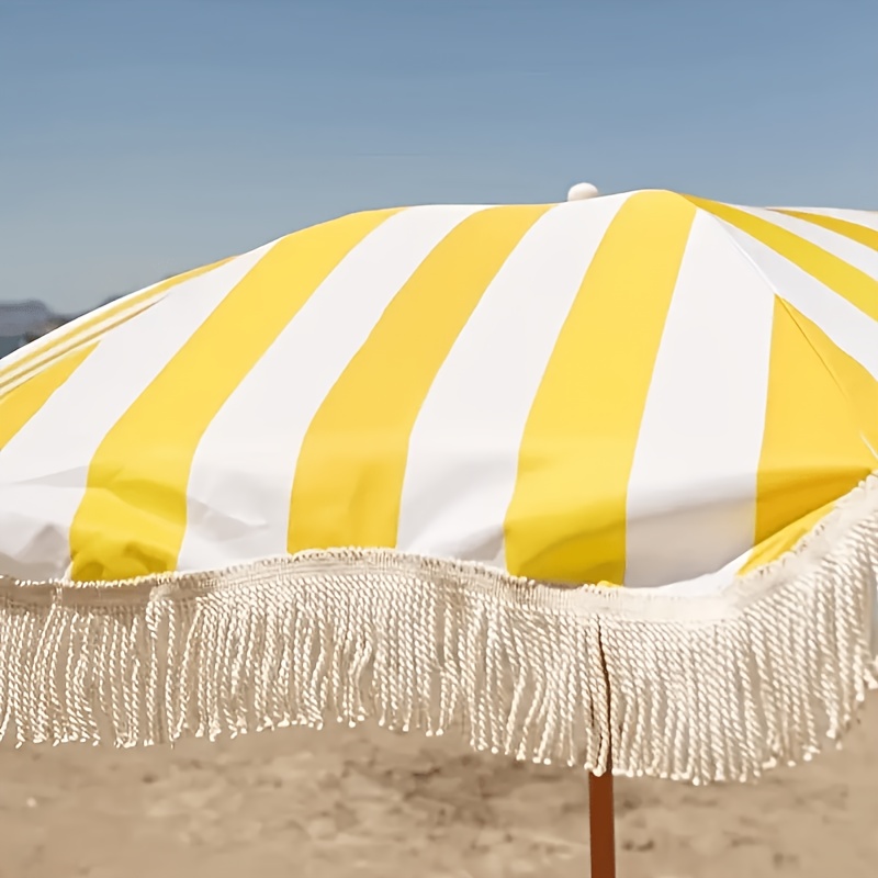 1ピース装飾タッセル付きビーチパラソル、黄白ストライプの日よ - Outdoor Furniture Yellow のレビューと価格