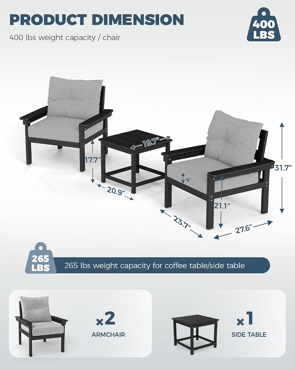 屋外用家具セット（サイドテーブル付き、黒いフレームとグレーの - Outdoor Furniture Grey のレビューと価格