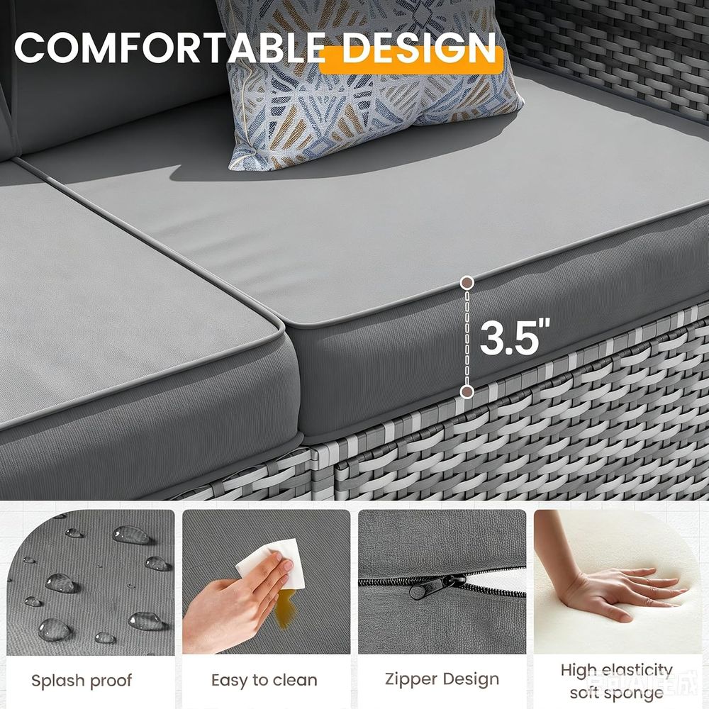 7ピースPE籐製セクショナルソファセット、ティーテーブル付き - Outdoor Furniture Grey のレビューと価格