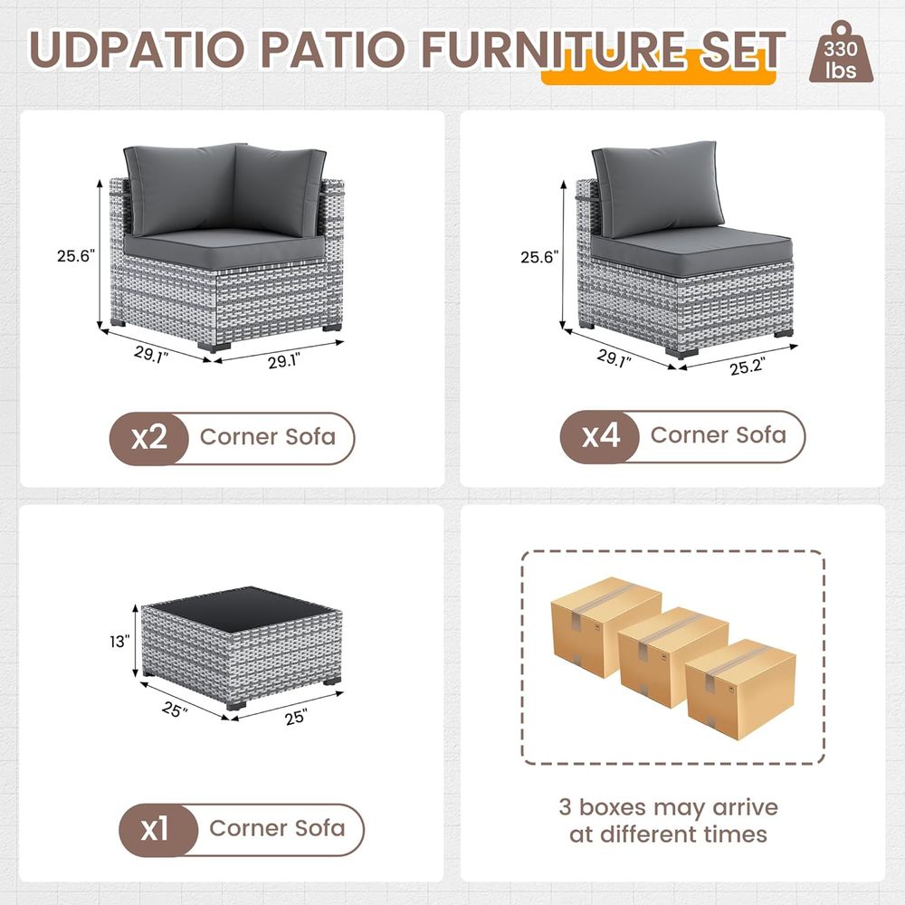 7ピースPE籐製セクショナルソファセット、ティーテーブル付き - Outdoor Furniture Grey のレビューと価格