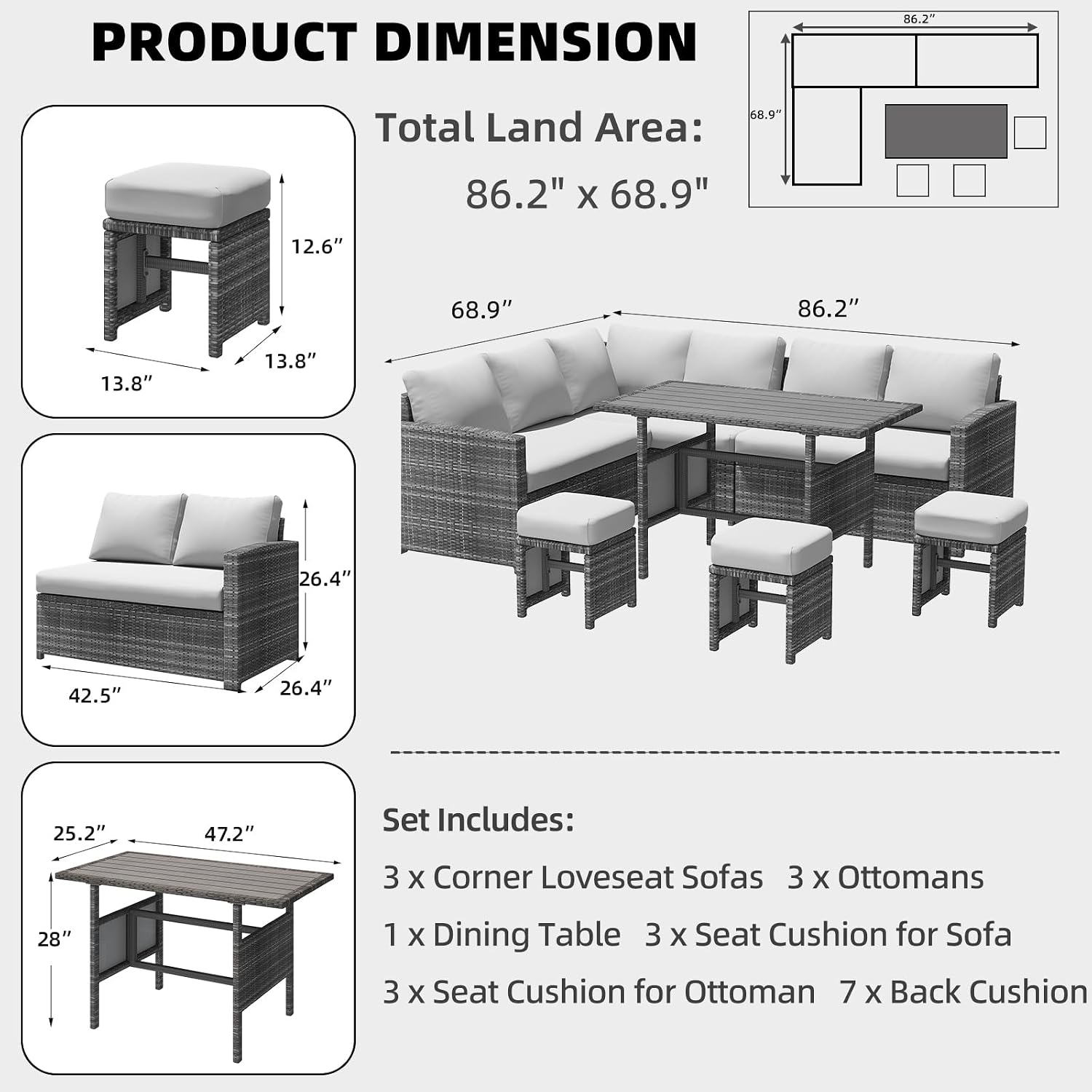 7点セットの屋外用籐製パティオセクショナルソファダイニングセ - Outdoor Furniture Grey のレビューと価格