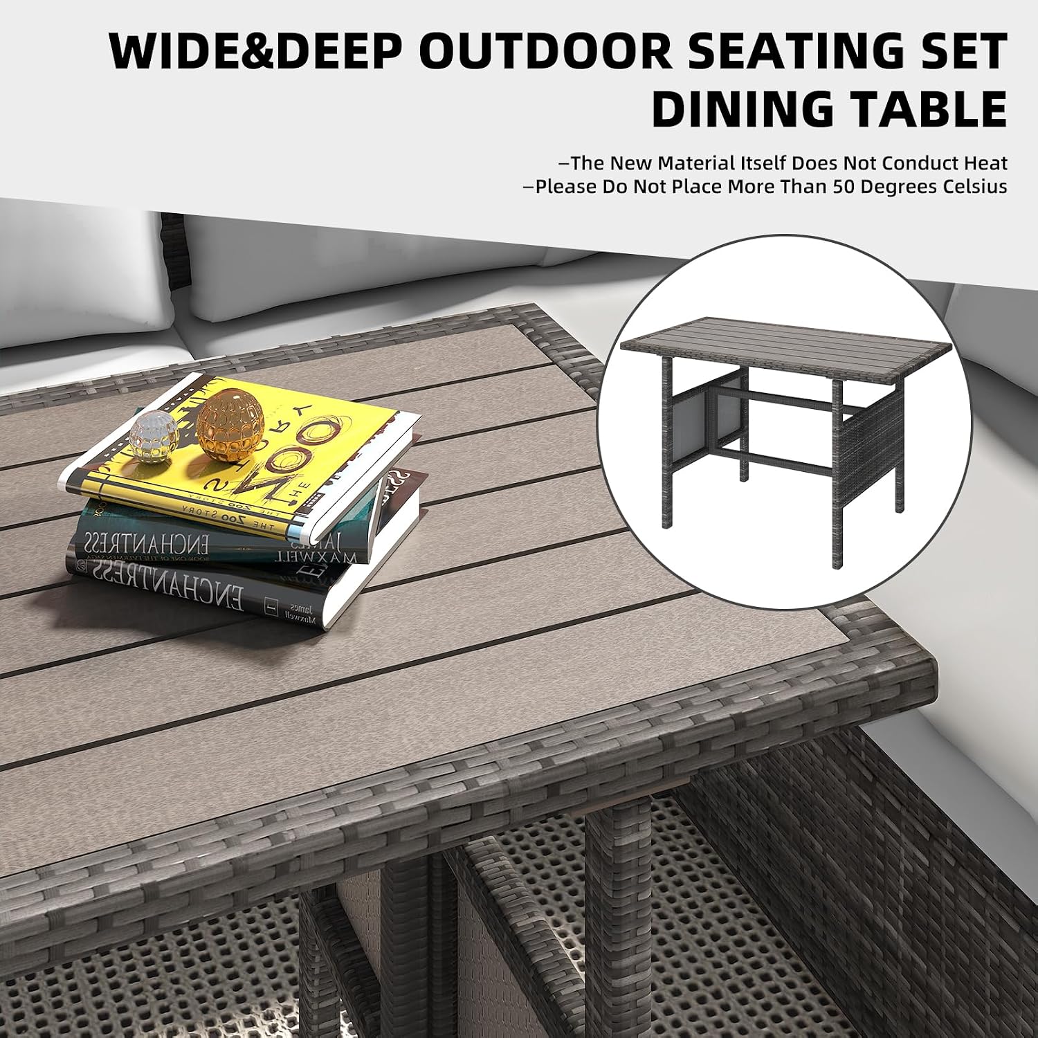 7点セットの屋外用籐製パティオセクショナルソファダイニングセ - Outdoor Furniture Grey のレビューと価格